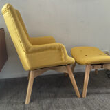 Armchair and ottoman set in beech and yellow fabric