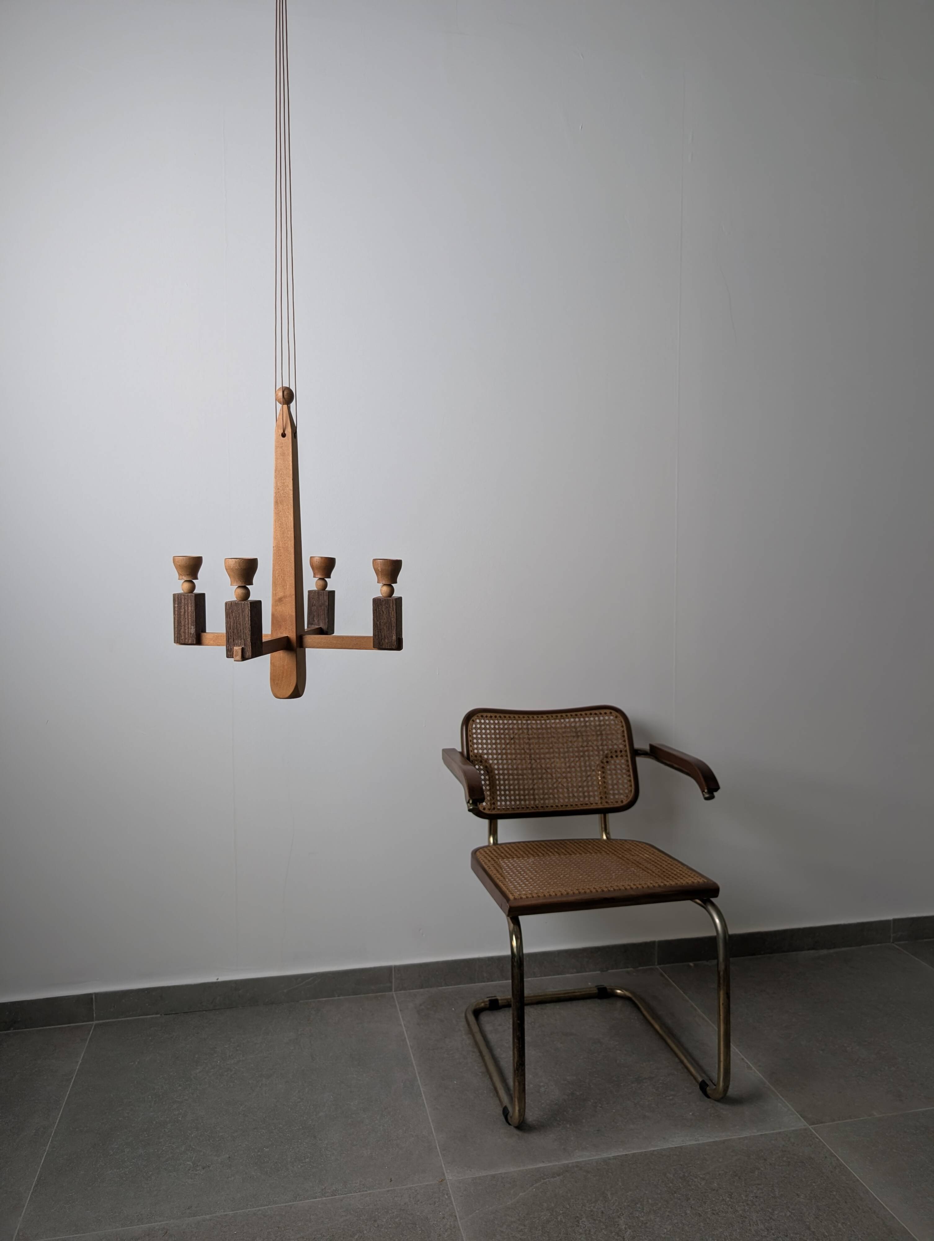 Danish hanging wooden candelabra, Art Deco style, 1970s