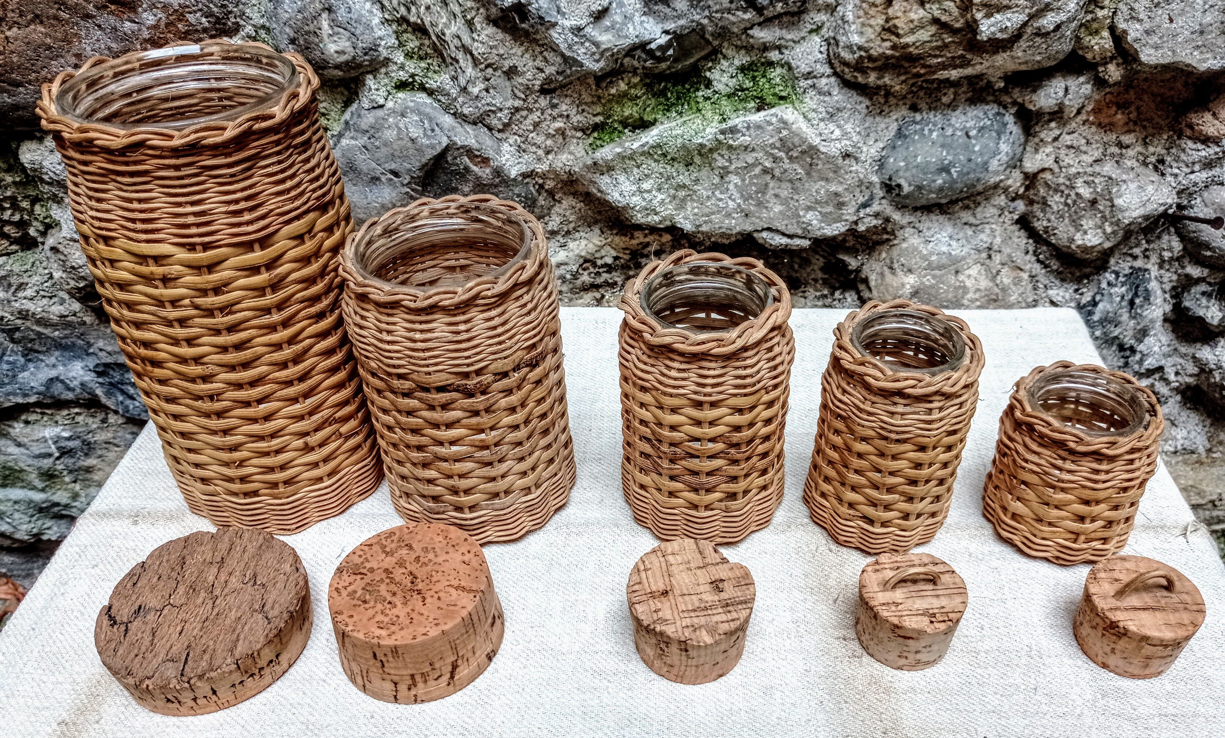 Glass and rattan kitchen pots