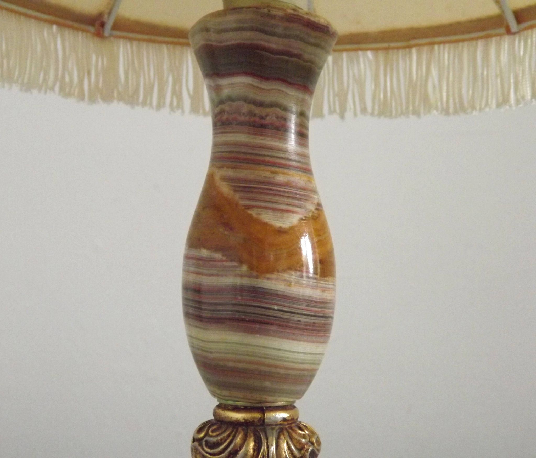 Vintage French Round Brass and Onyx Table Lamp With Cream Fringed Shade