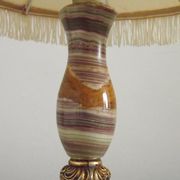 Vintage French Round Brass and Onyx Table Lamp With Cream Fringed Shade