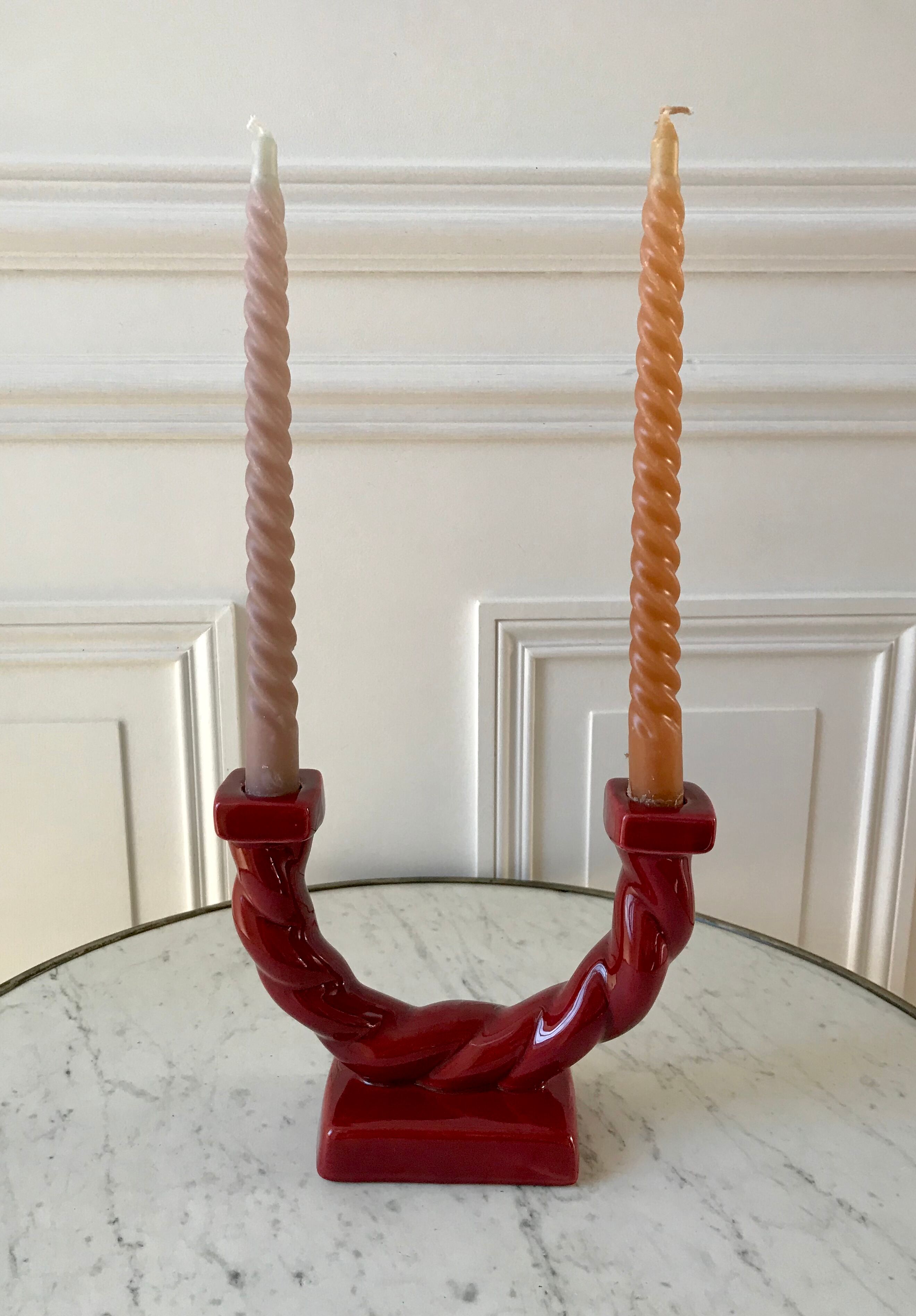 Bougeoir en céramique rouge bordeaux art déco années 30-40