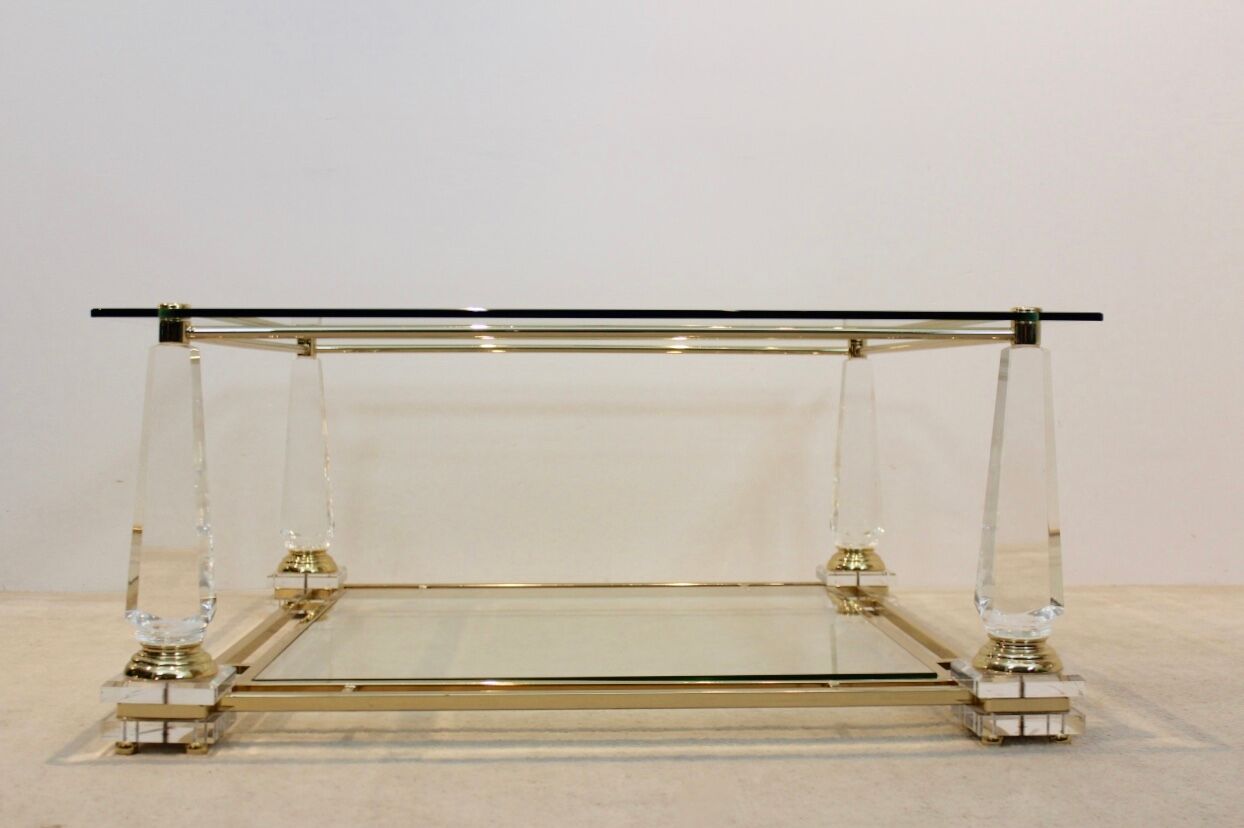 Extraordinary Lucite, Brass and Glass Obelisk Coffee table, 1970s
