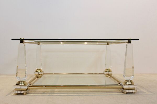 Table basse lucite laiton et verre obélisque années 1970