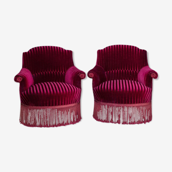 Raspberry garnet velvet armchairs Napoleon III