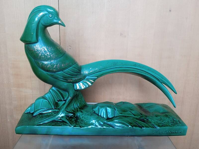 Pheasant statue sculpture glazed ceramic Ch.Lemanceau Art Deco