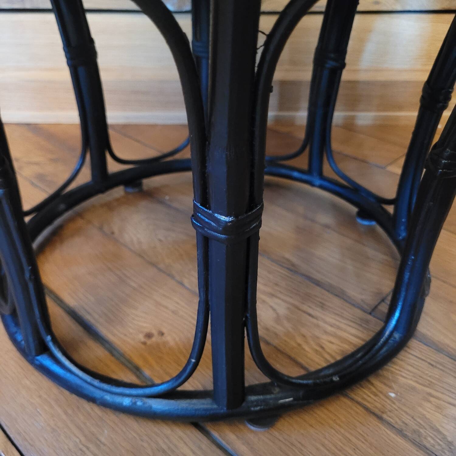 Black bamboo pouf with striped velvet seat pad – vintage 1970s