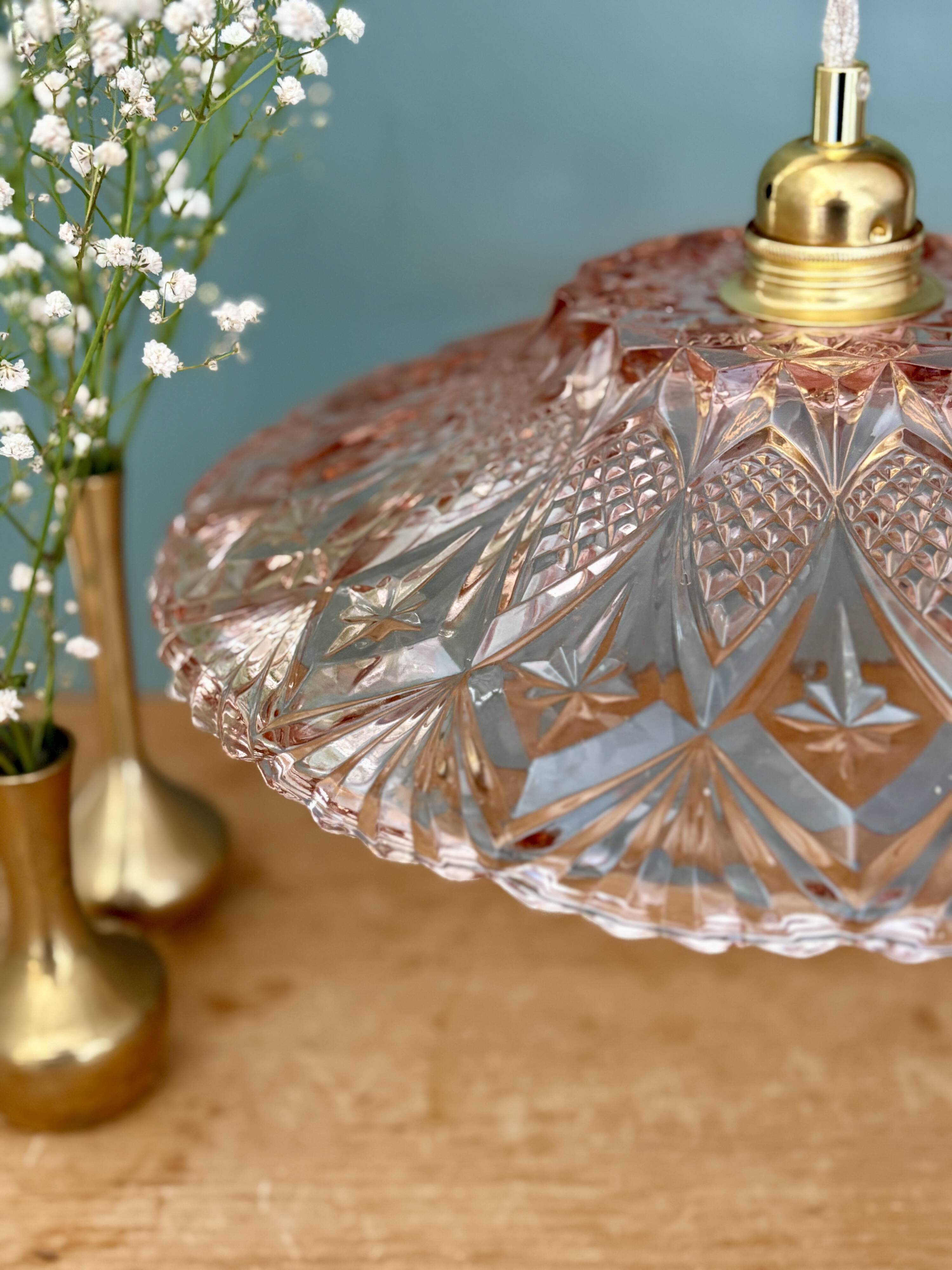 Vintage pink molded glass lampshade pendant light - tableware collection -