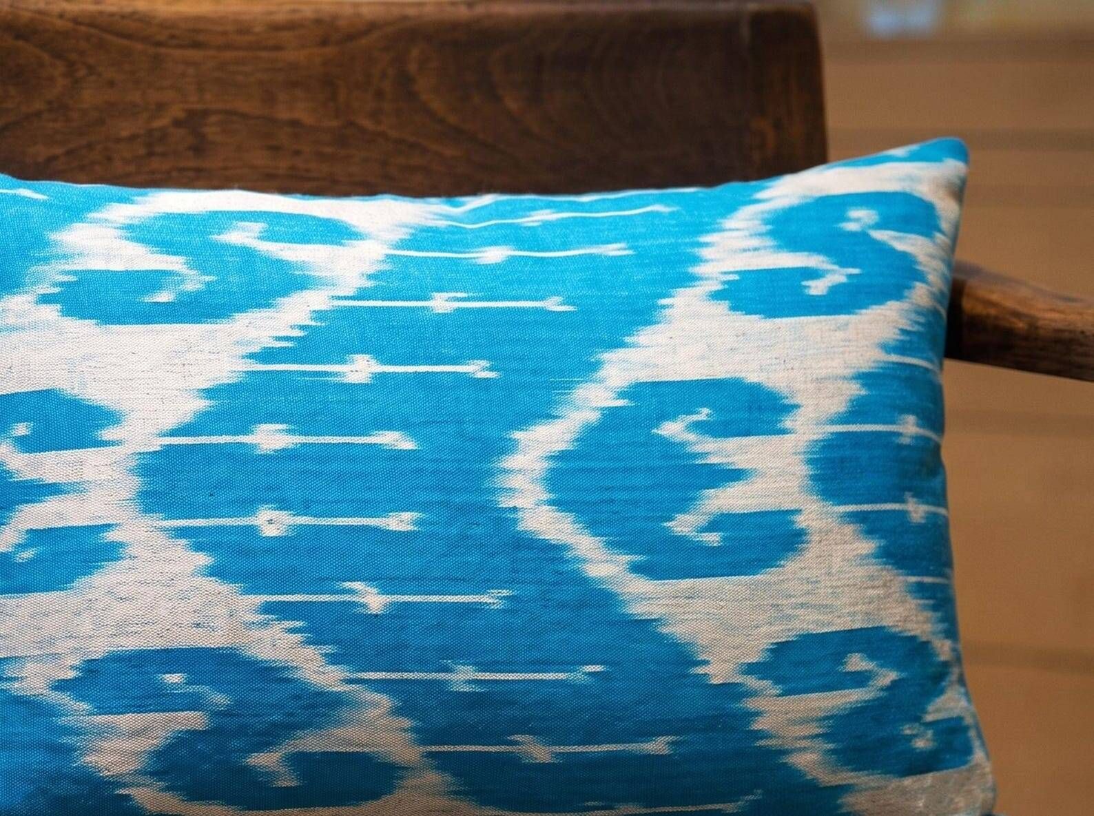 Hand Crafted Silk Ikat Lumbar Cushion Cover, Sky Blue Wave Pillow Case