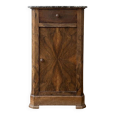 Antique bedside table in wood and grey marble, old brown.