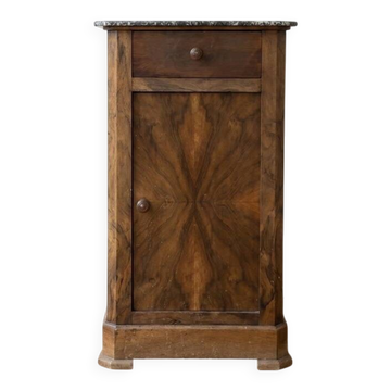 Antique bedside table in wood and grey marble, old brown.