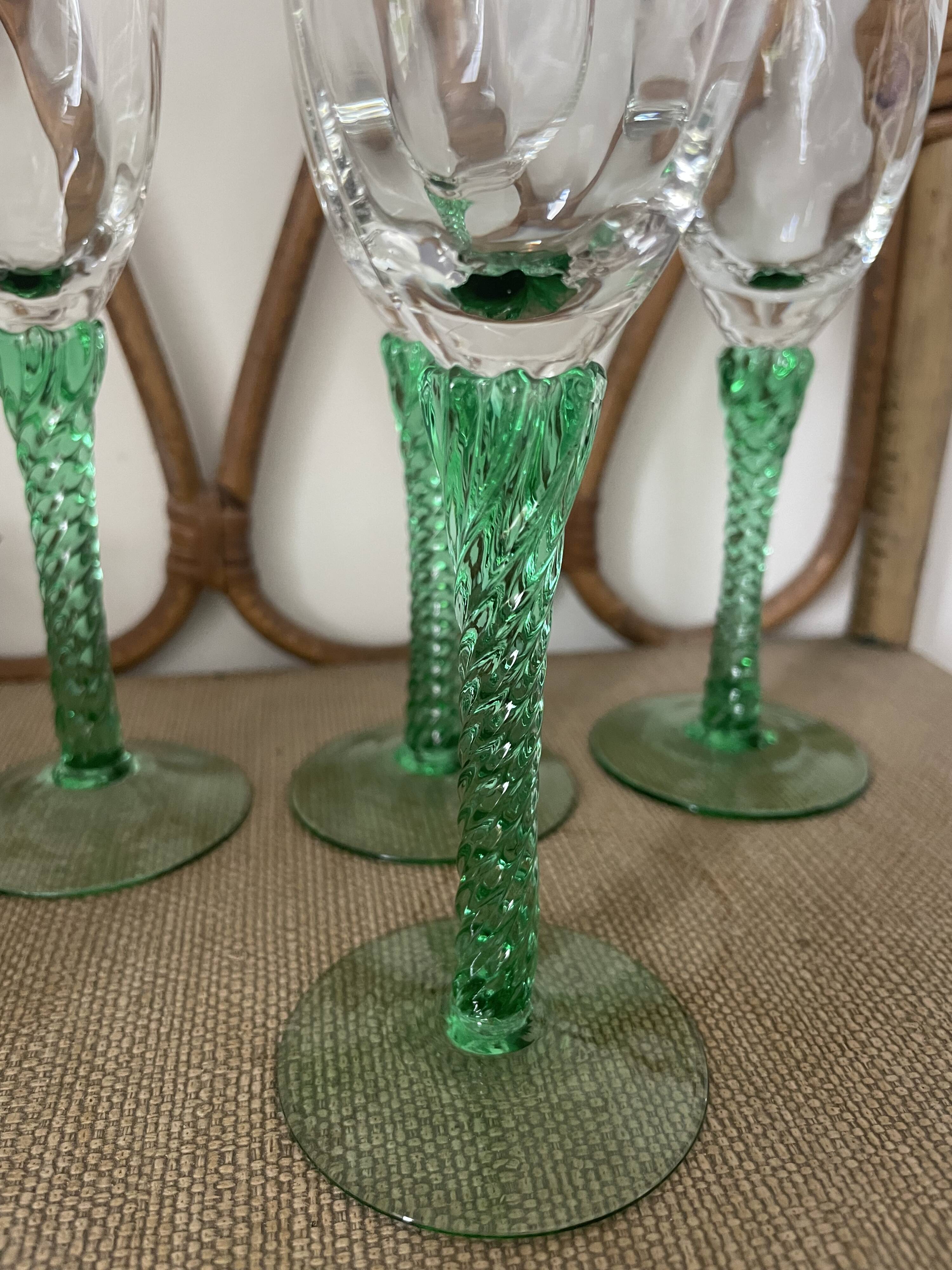 4 champagne flutes, Italian glassware, 1960s, green twisted stem