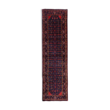 Long Vintage Persian Hamadan Rug, Traditional Oriental Blue Wool Runner 117x425cm