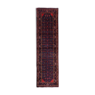 Long Vintage Persian Hamadan Rug, Traditional Oriental Blue Wool Runner 117x425cm