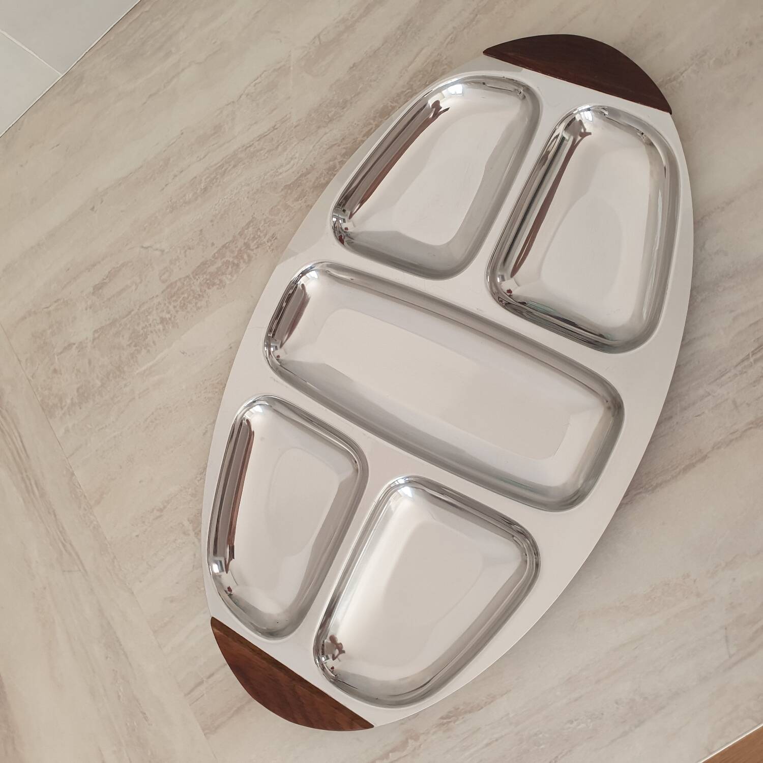 Plateau inox 18/10 poignées en bois multi compartiment Vintage
