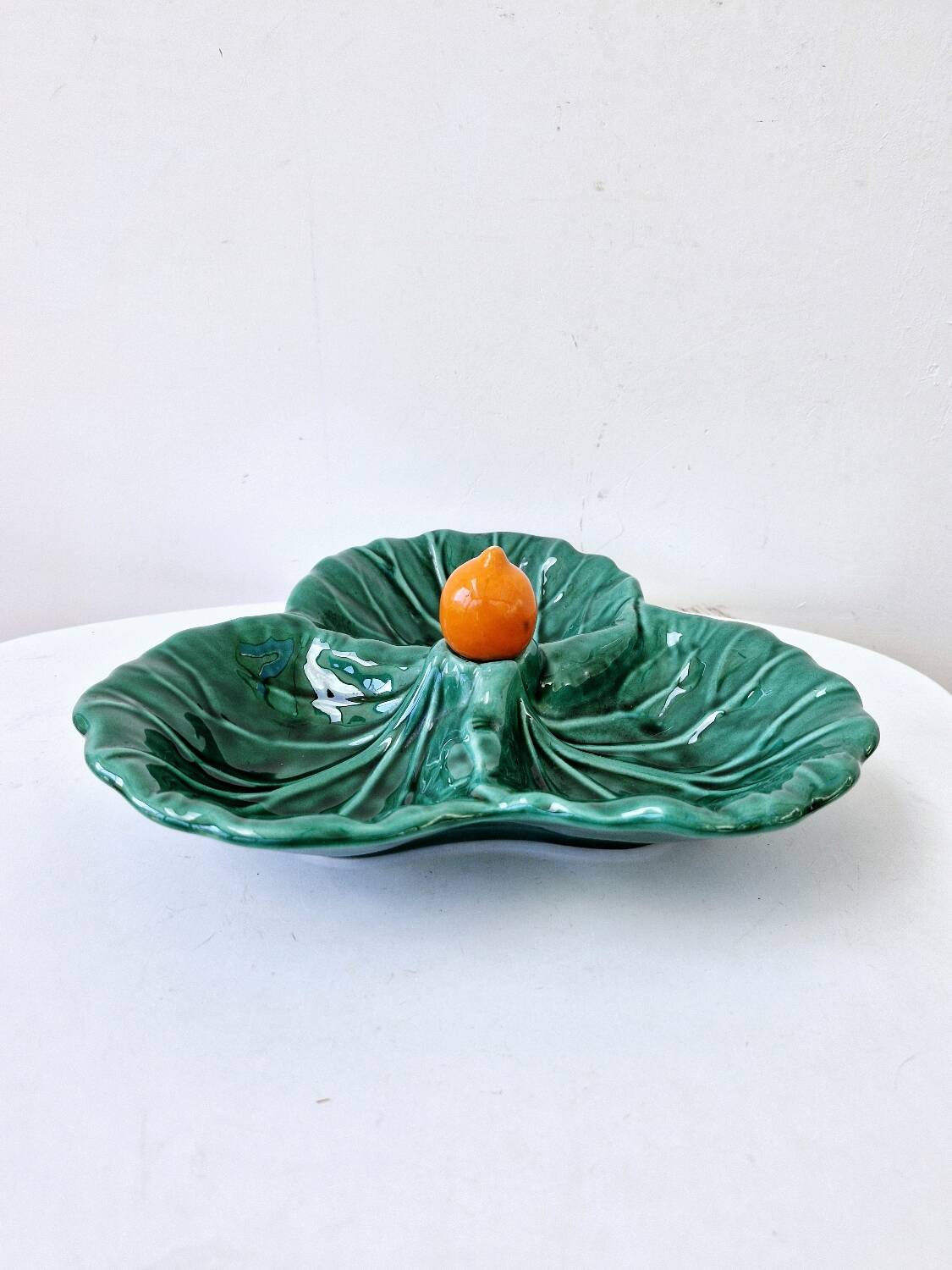 Vintage compartmentalized ceramic serving dish cabbage leaf shape Vallauris style