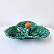 Vintage compartmentalized ceramic serving dish cabbage leaf shape Vallauris style