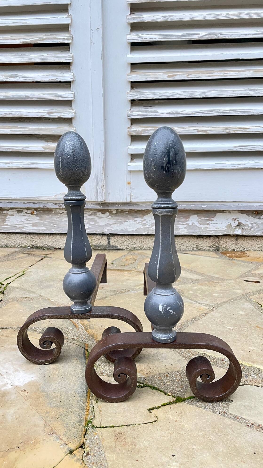 Pair of vintage geometric fire dogs