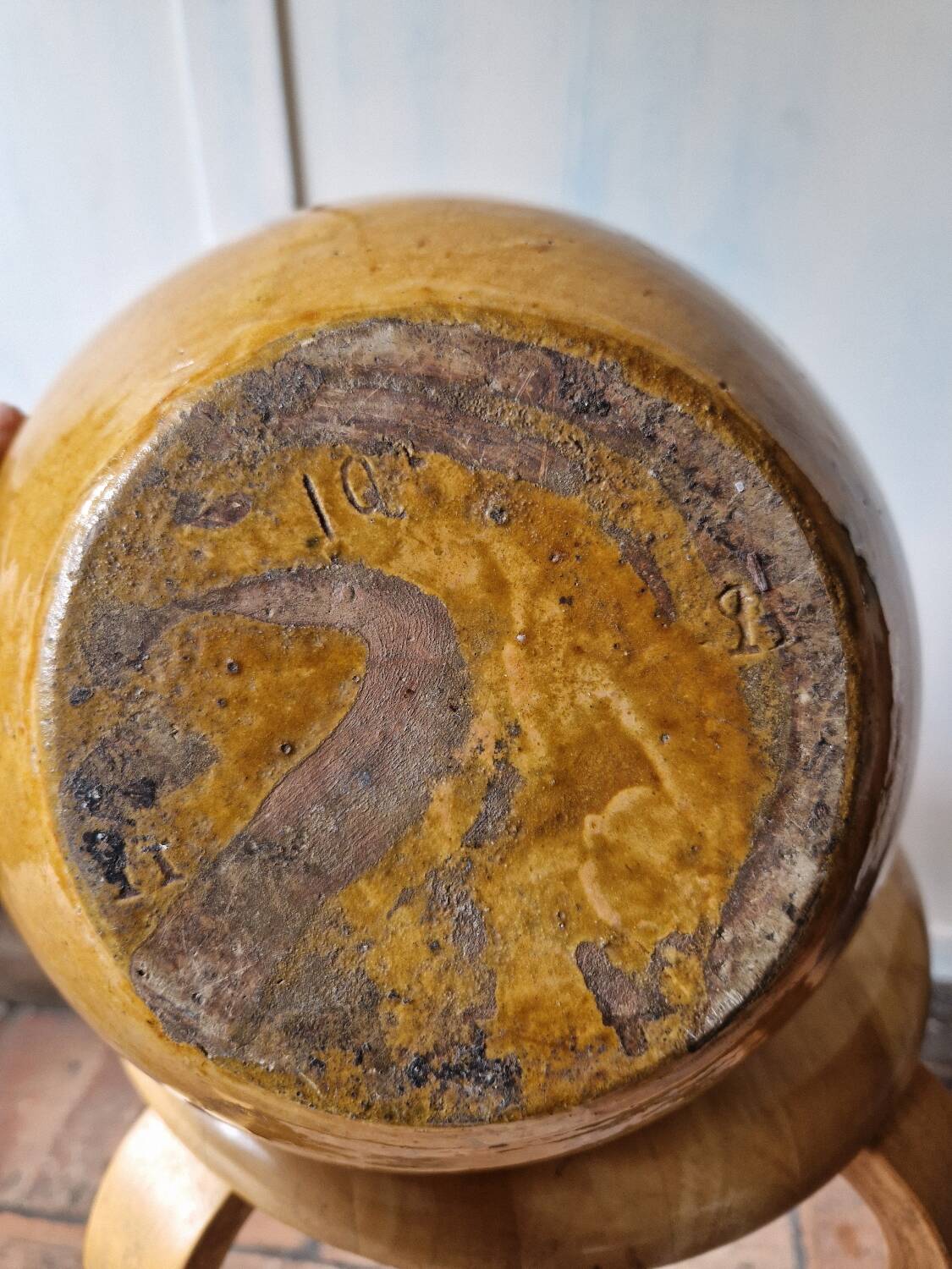 Pottery, jar, old jug in yellow and green glazed terracotta