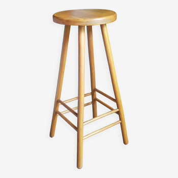 Tabouret de bar en bois blond massif vintage