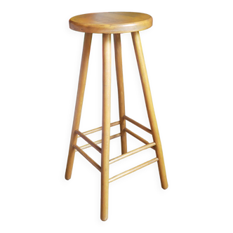 Tabouret de bar en bois blond massif vintage