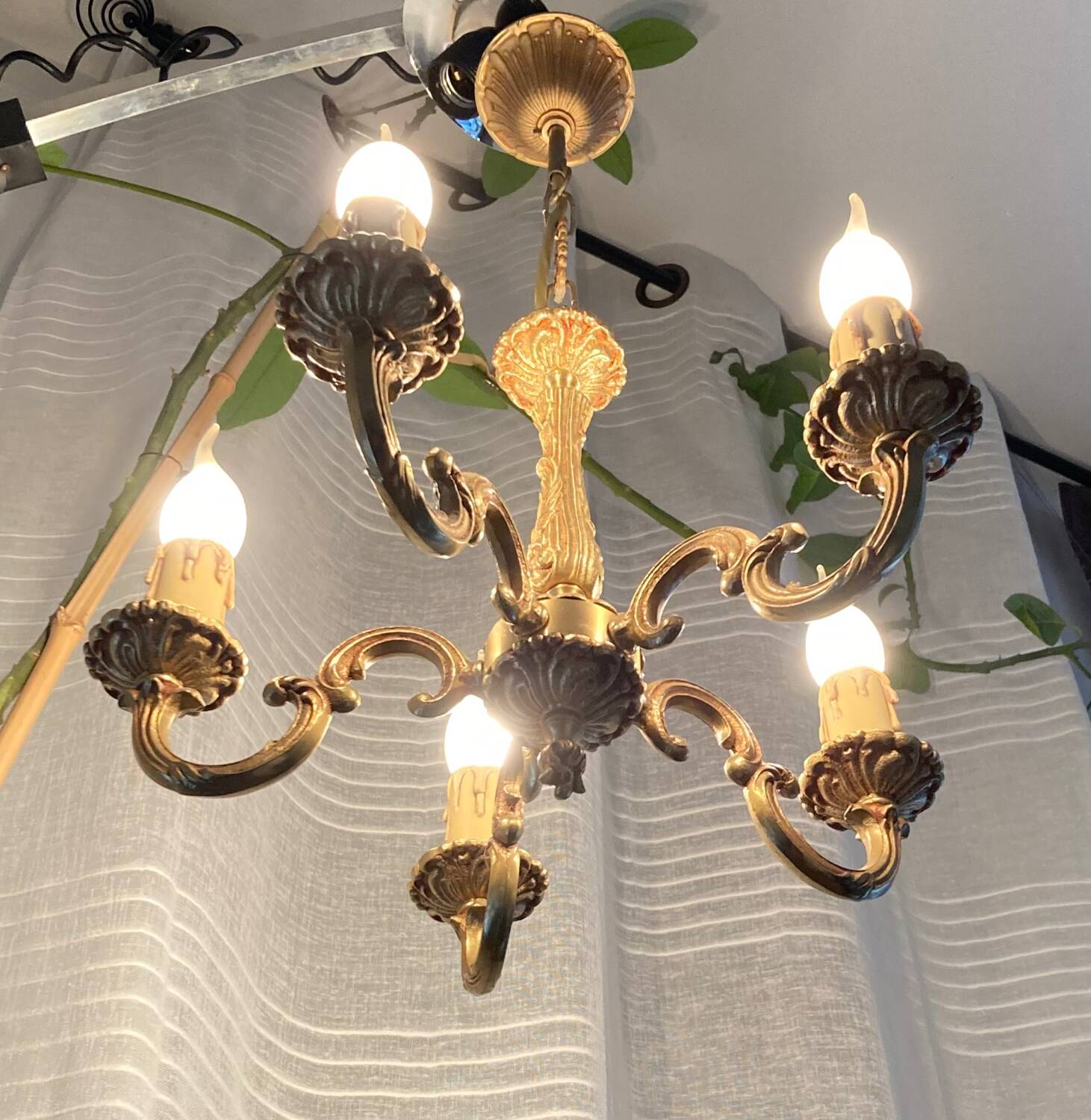 Lustre en bronze doré à 5 bras, époque XXeme
