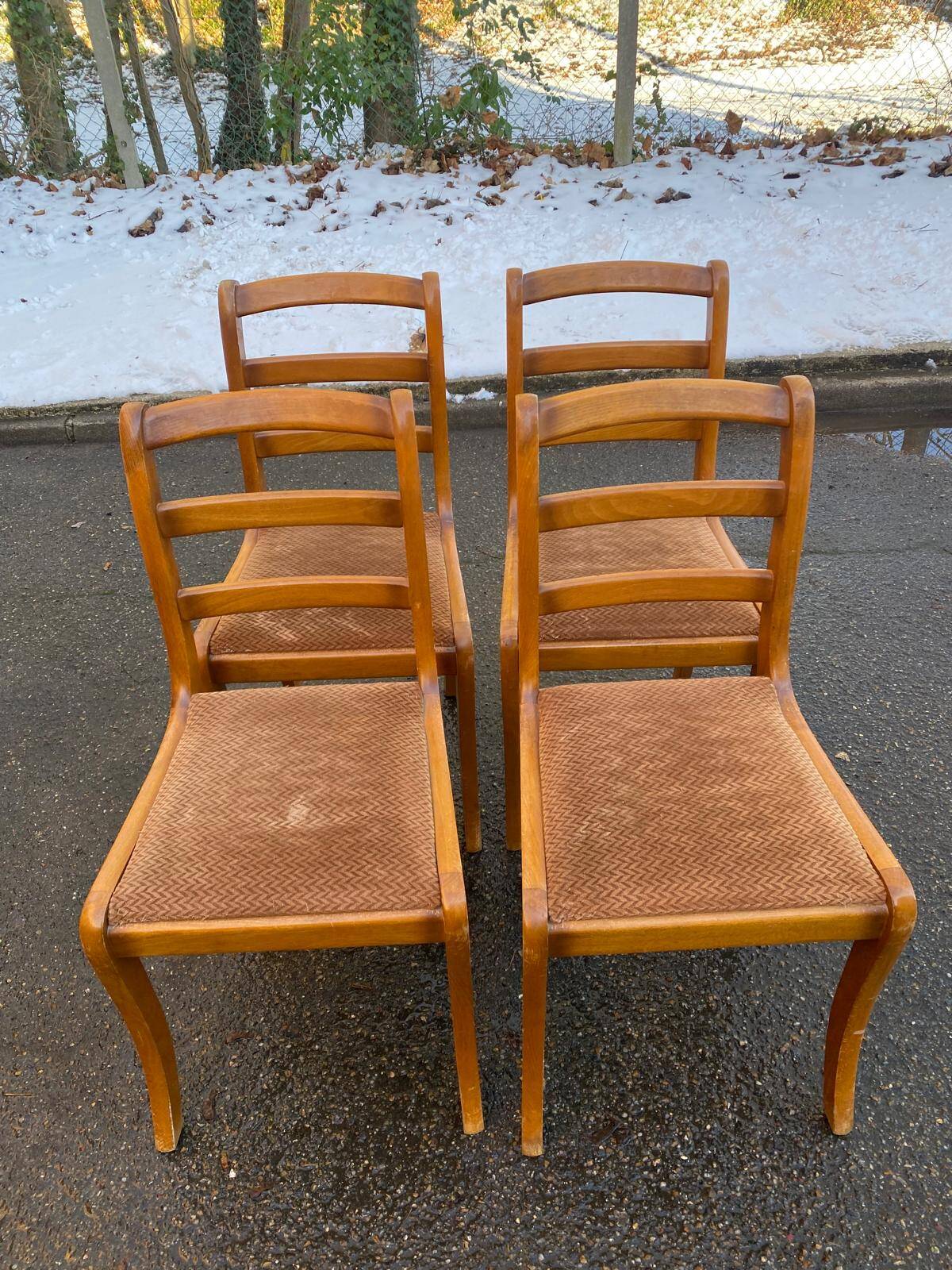 4 solid wood and brown velvet suede chairs in the Louis Philippe style.