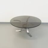 Table basse ronde vintage en verre, métal chromé et métal noir style Space Age des années 70
