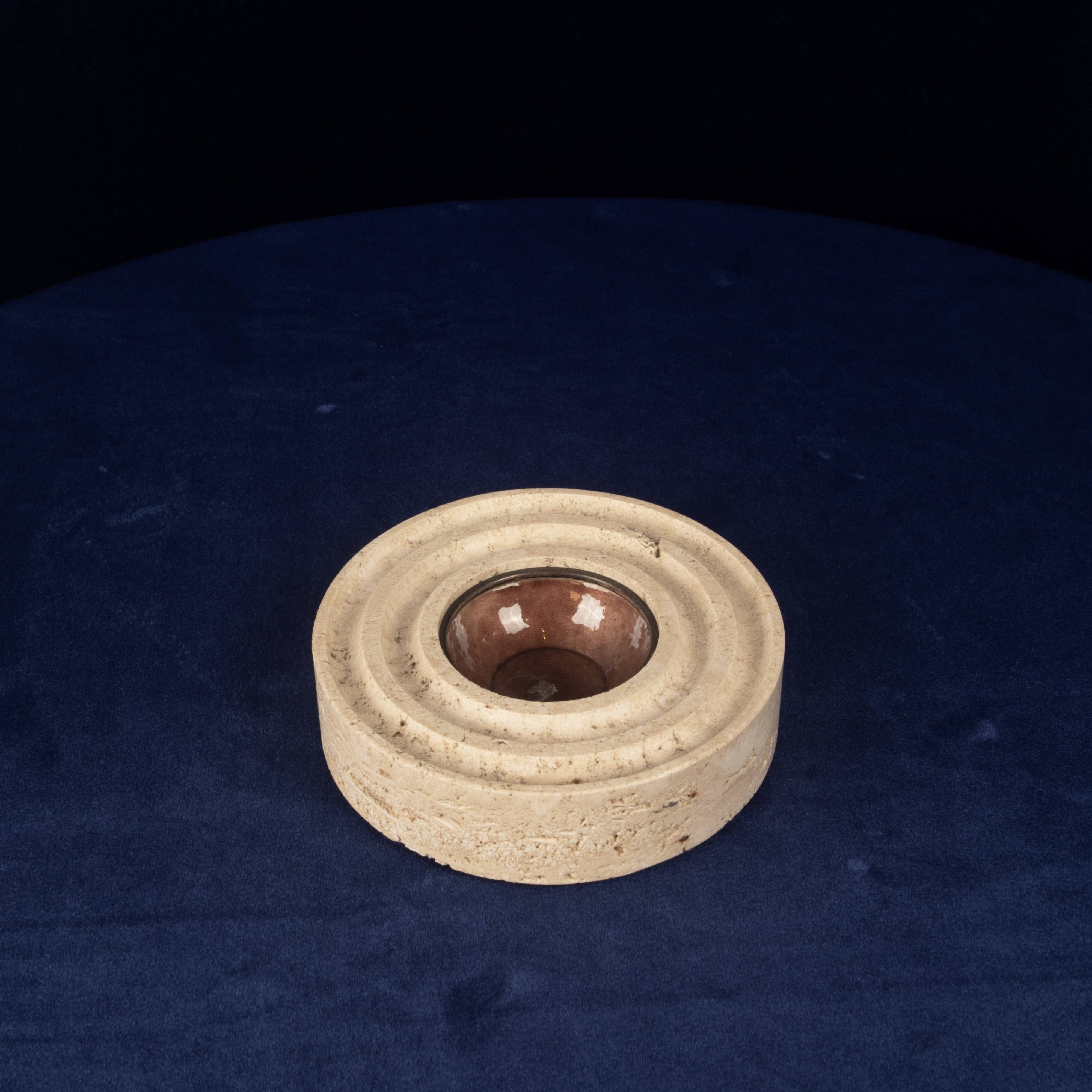 Italian Round Travertine and Copper-Toned Metal Ashtray, 1970