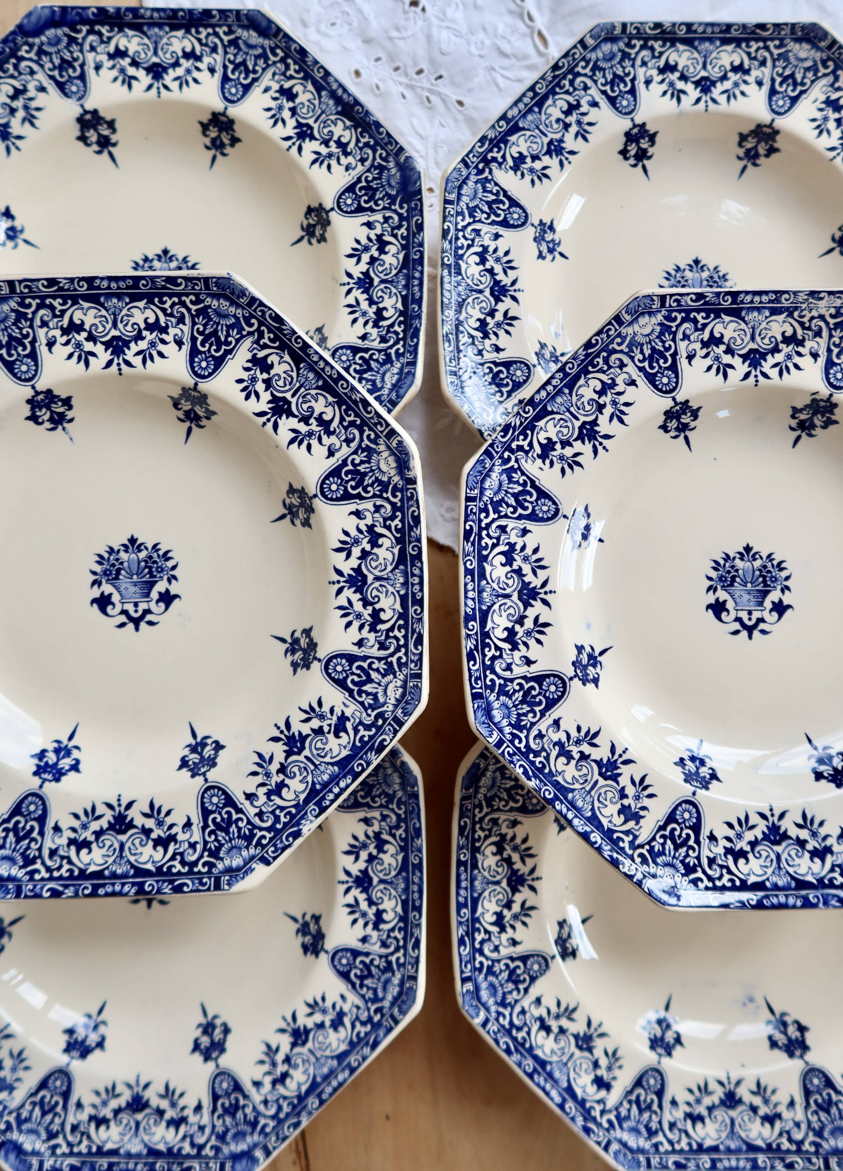 6 assiettes creuses terre de fer Longchamp Rouen XIXe siècle