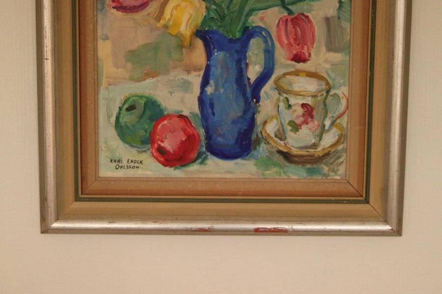 Original mid-century Swedish oil on panel – “Tea” by Karl Enoch Ohlsson – vintage & framed – 56 × 64 cm