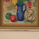 Original mid-century Swedish oil on panel – “Tea” by Karl Enoch Ohlsson – vintage & framed – 56 × 64 cm