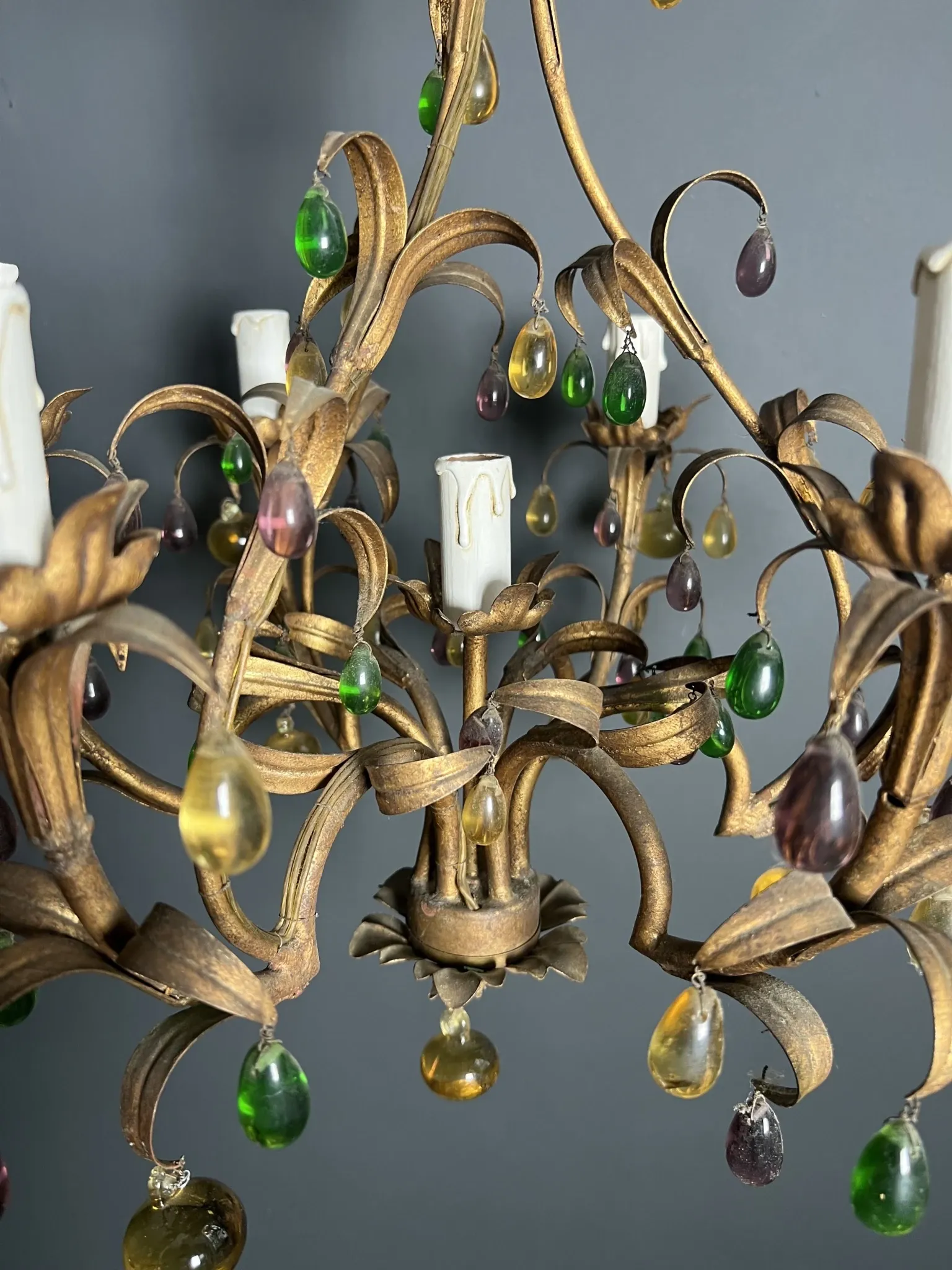 Golden Metal Cage with Leaf and Multi-Coloured Glass Fruit Decoration