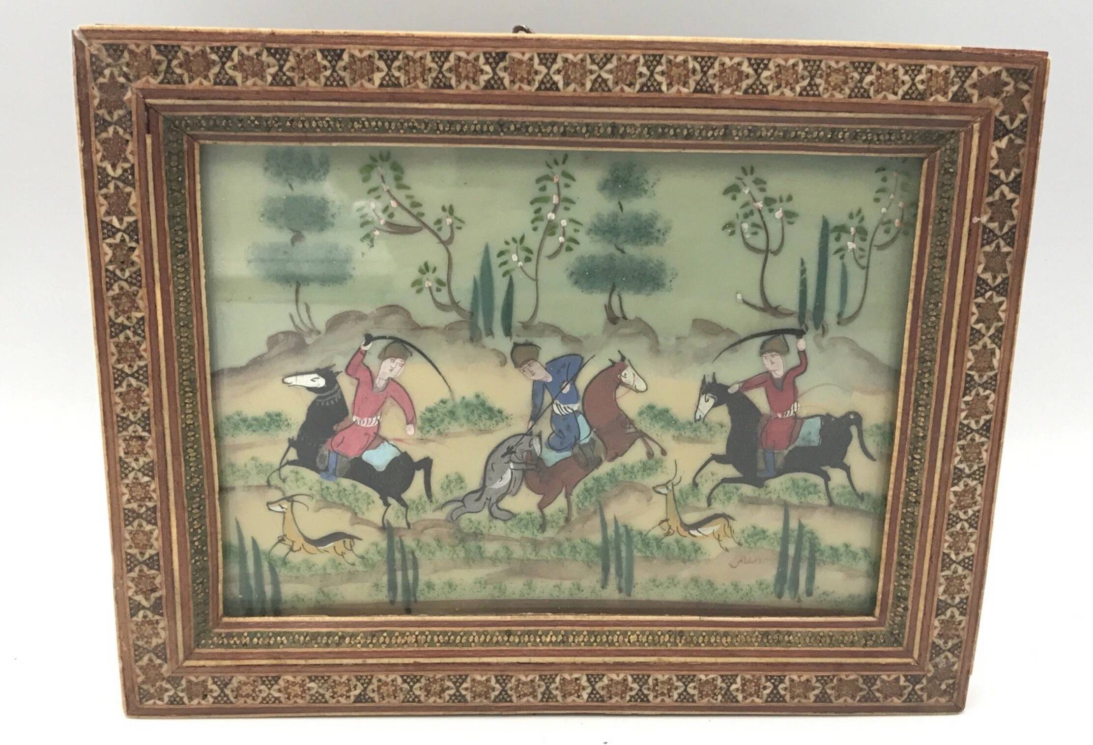 Ancient Indo-Persian painting with wooden mosaic frame
