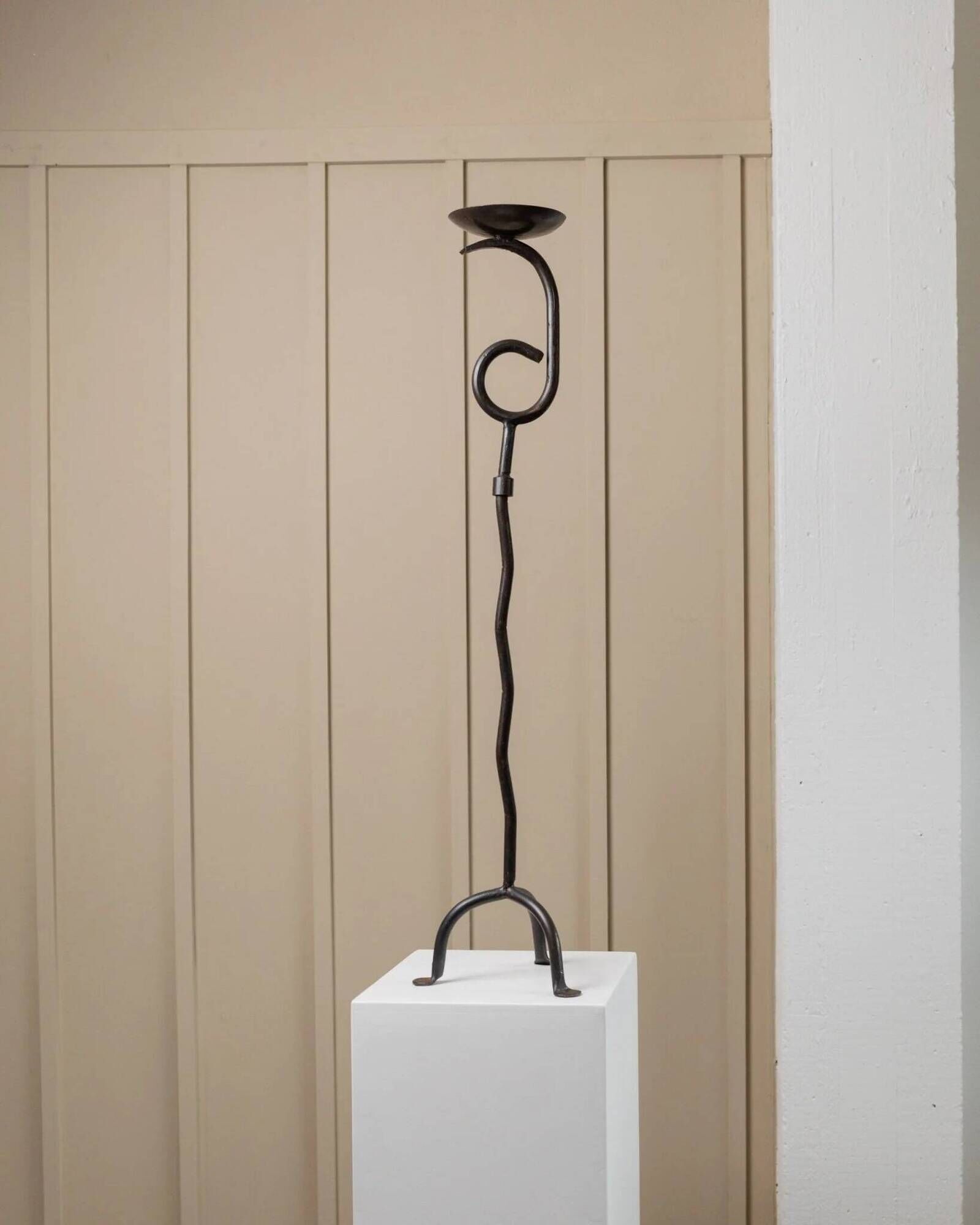 XXL vintage hand-forged iron candlestick, black iron, brutalist wave design, Made in Italy 1970s