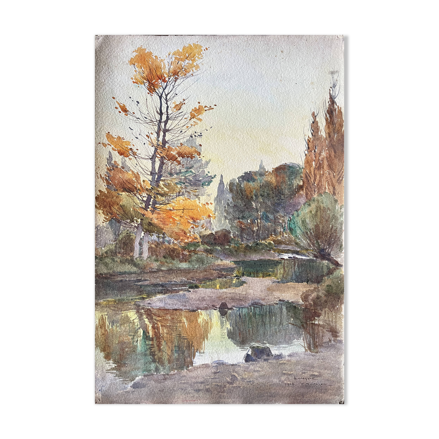 Tableau Aquarelle de Paul Monnier "Longvic" cf. Dijon" 1914