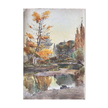 Tableau Aquarelle de Paul Monnier "Longvic" cf. Dijon" 1914