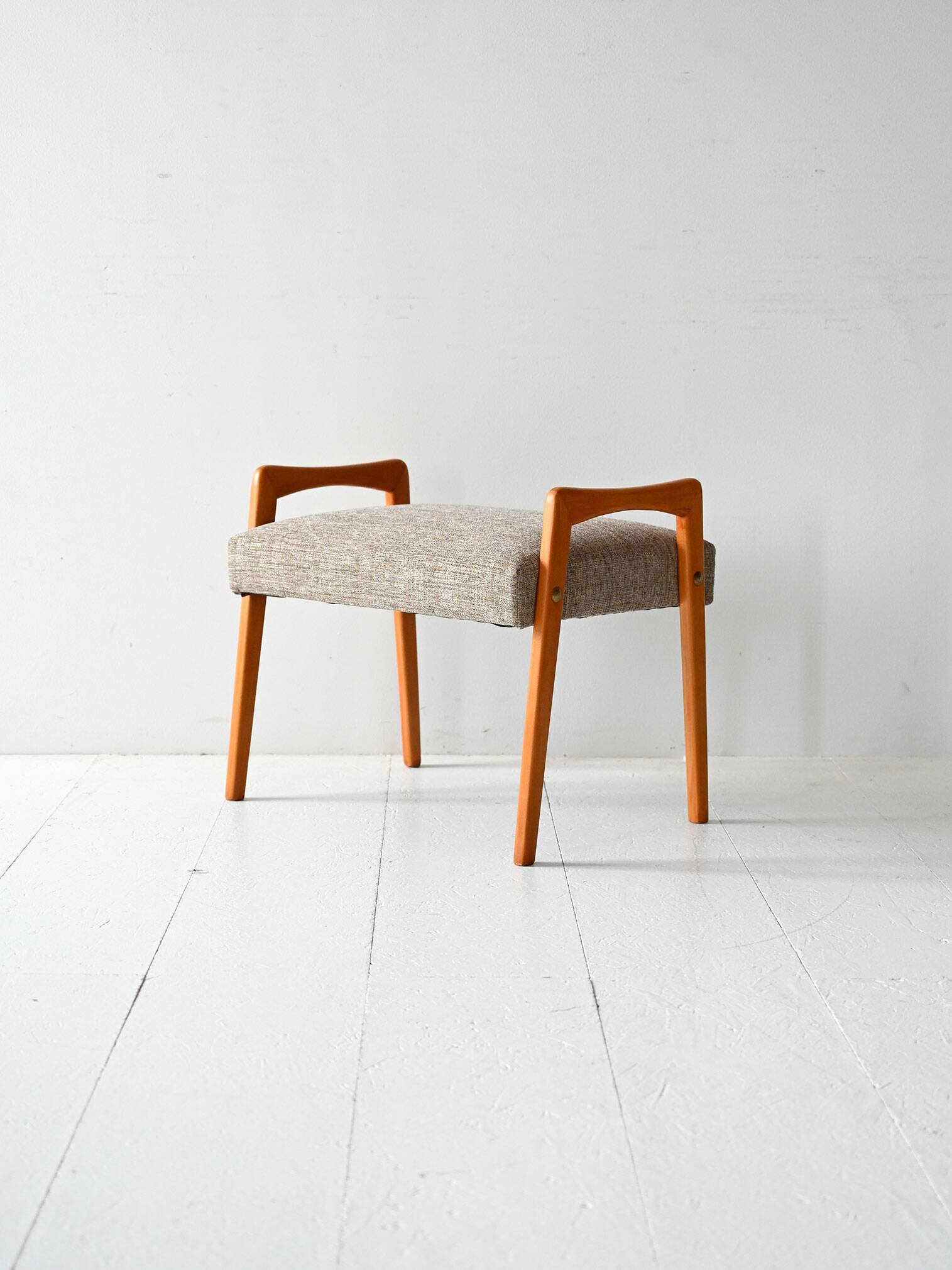 Vintage Scandinavian oak footstool with grey upholstery