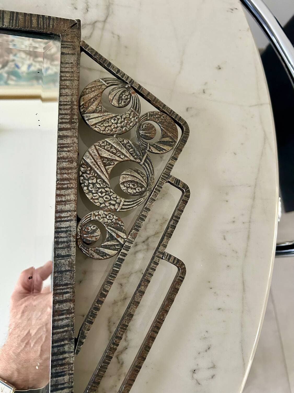 Art Deco mirror 1930 hammered iron and beveled mirror