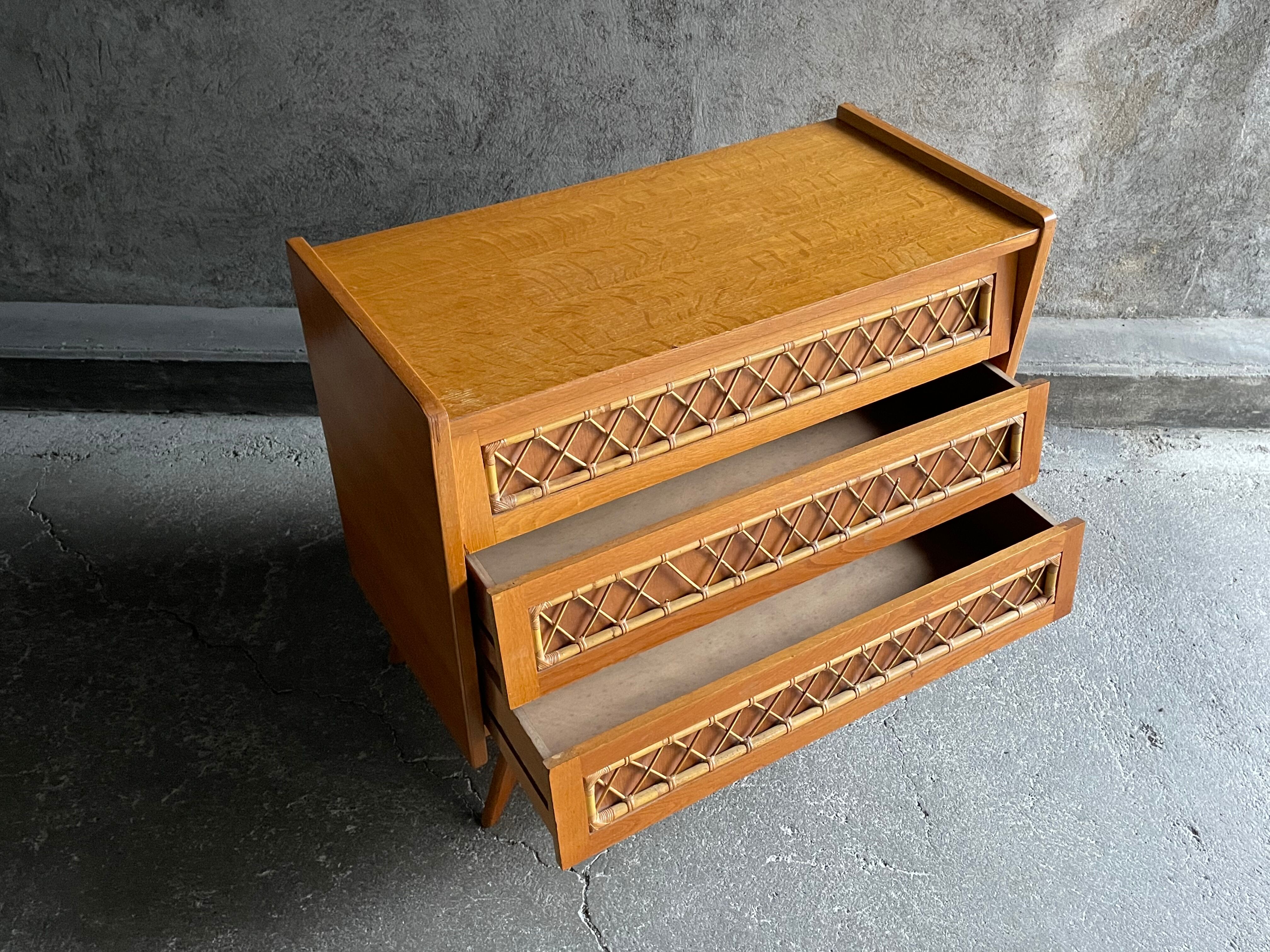 3-drawer chest of drawers with rattan decorations, France 1970s