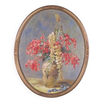 Peinture huile sur panneau composition florale vase , artiste eugene deully 1860 - 1933