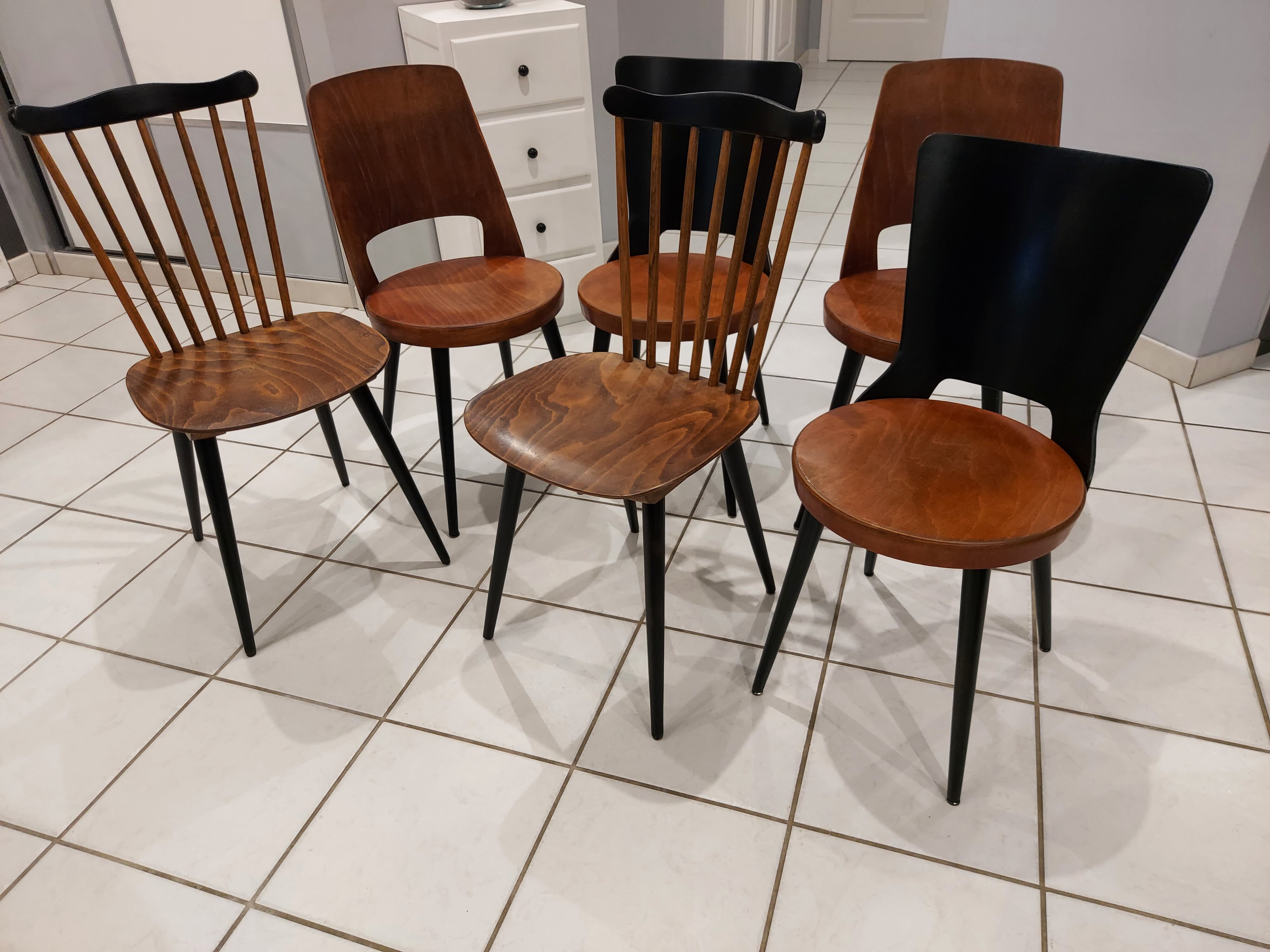 Suite of 6 chairs of Bistrot Baumann mismatched Mondor,Dove,Minuet