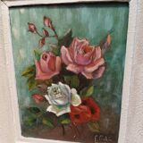 Tableau bouquet de rose signé