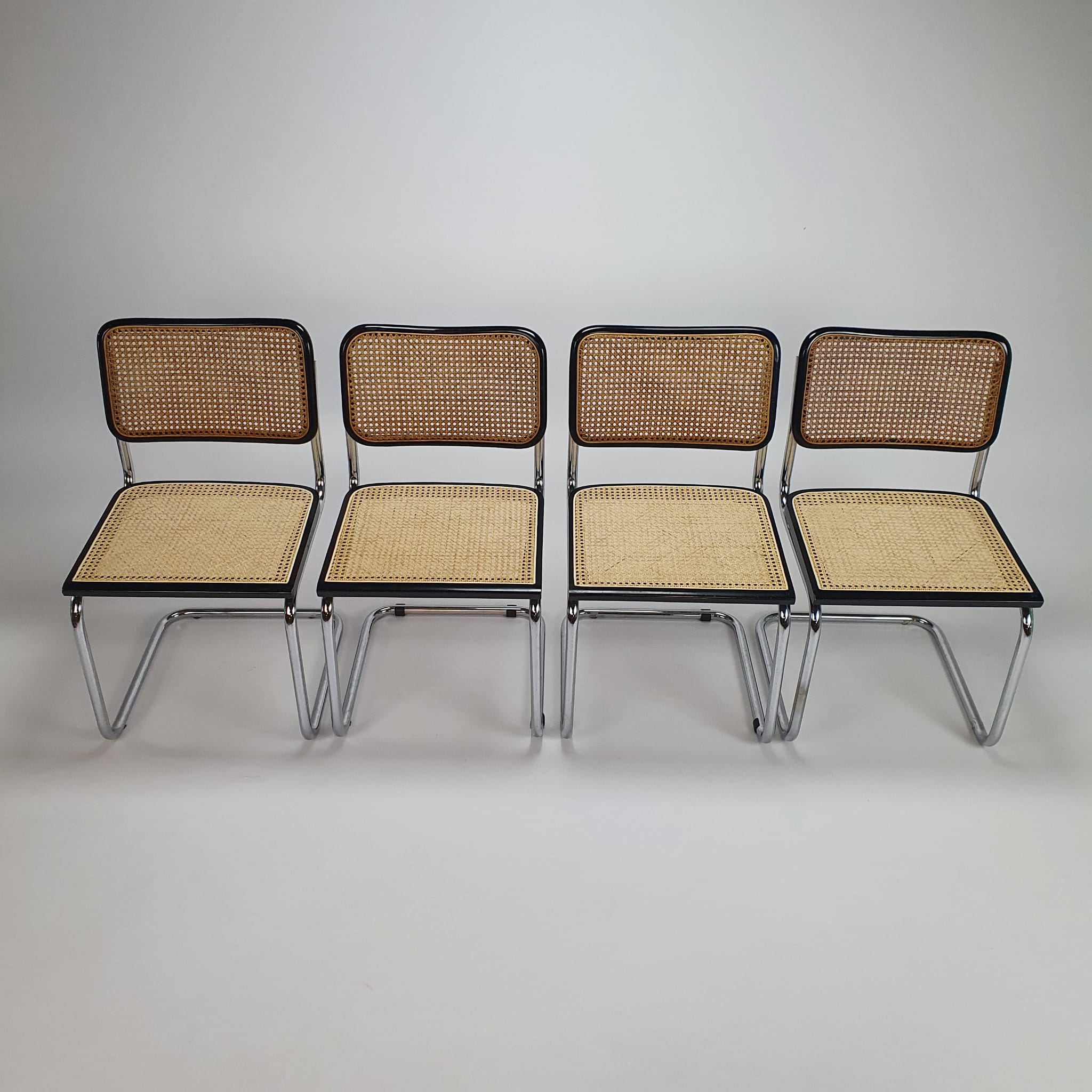 Set of 4 tubular frame and cane cantilever dining chairs Breuer Marcel italy, 1970s