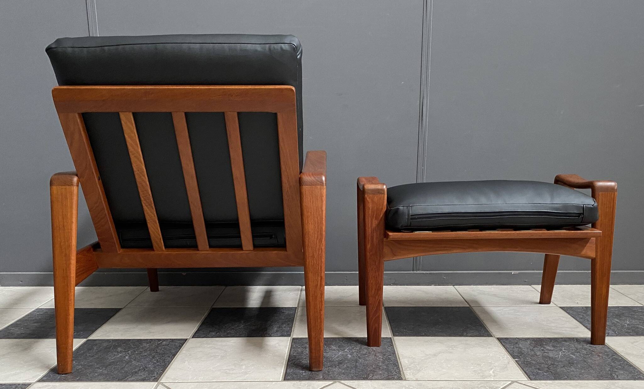 arne Wahl Iversen teak arm chair with ottoman