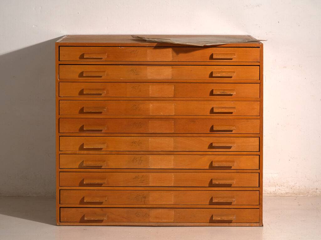 Antique plan cabinet in beech wood – Central Europe, circa 1960