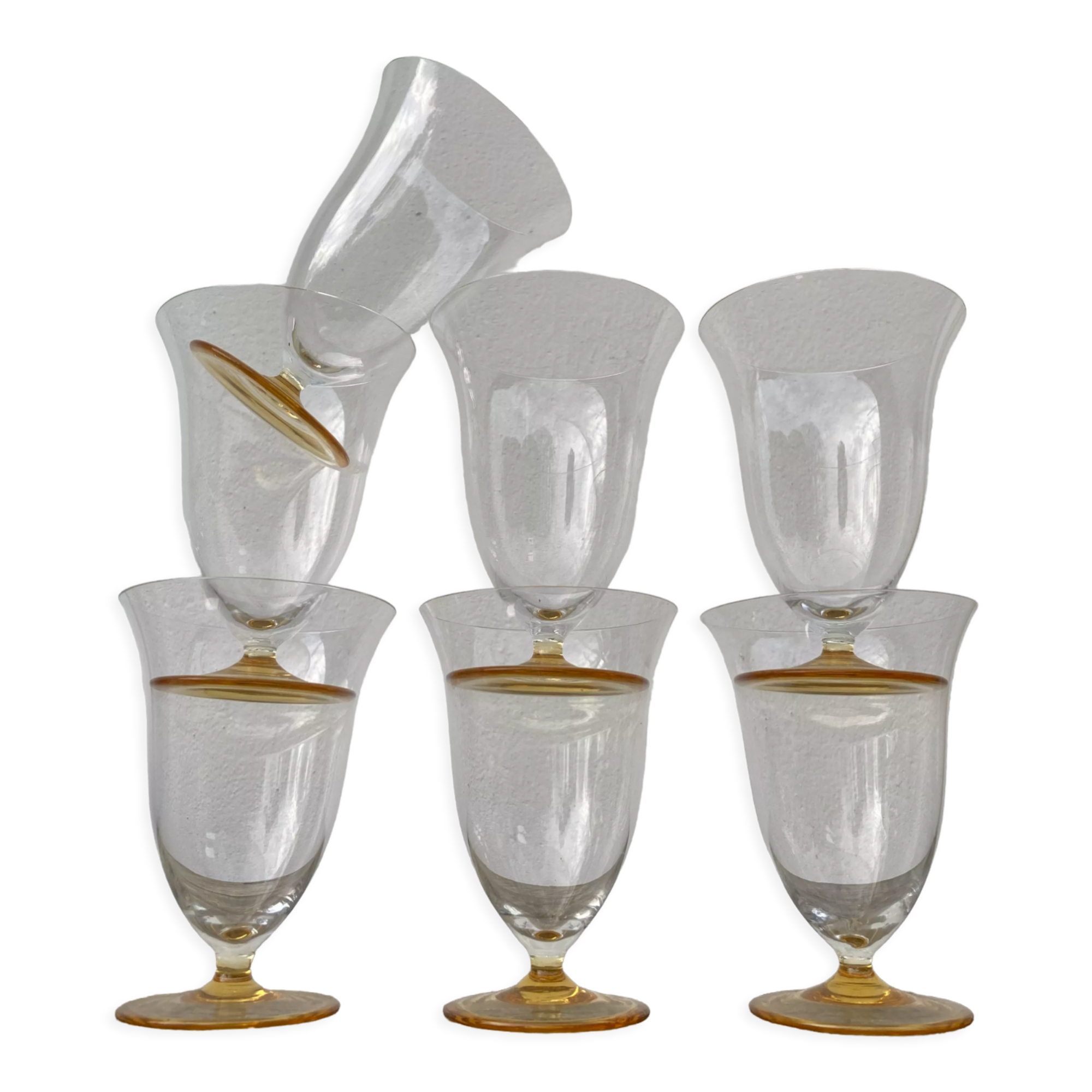 7 glasses with crystal stemmed yellow feet / cups