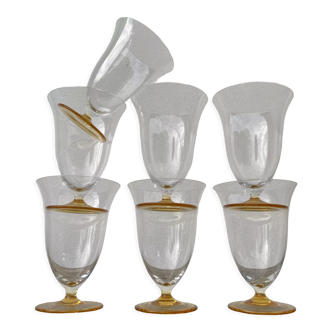 7 glasses with crystal stemmed yellow feet / cups