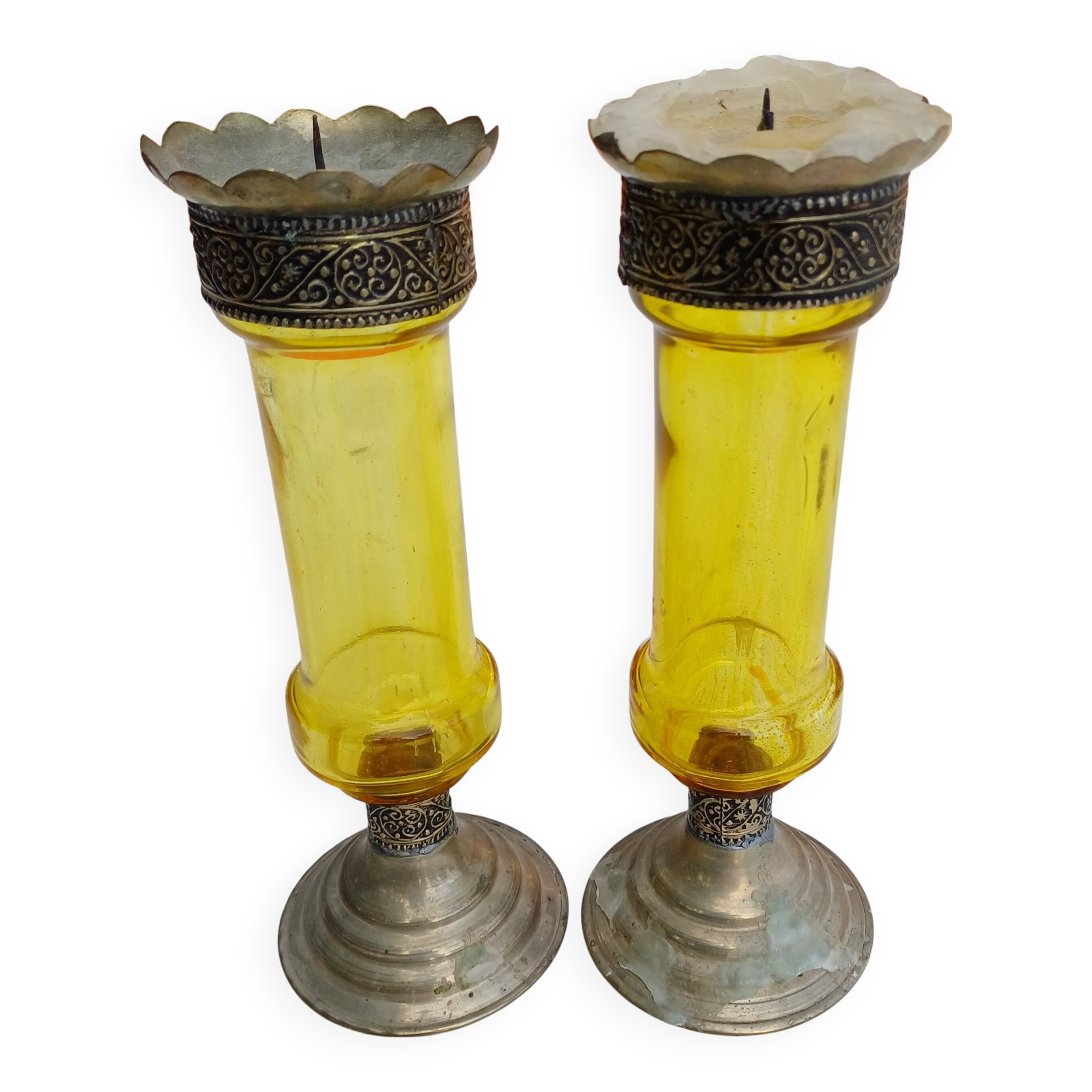 Pair of Silver Metal Candlesticks, Yellow Glass