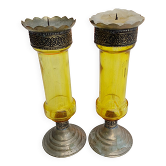 Pair of Silver Metal Candlesticks, Yellow Glass